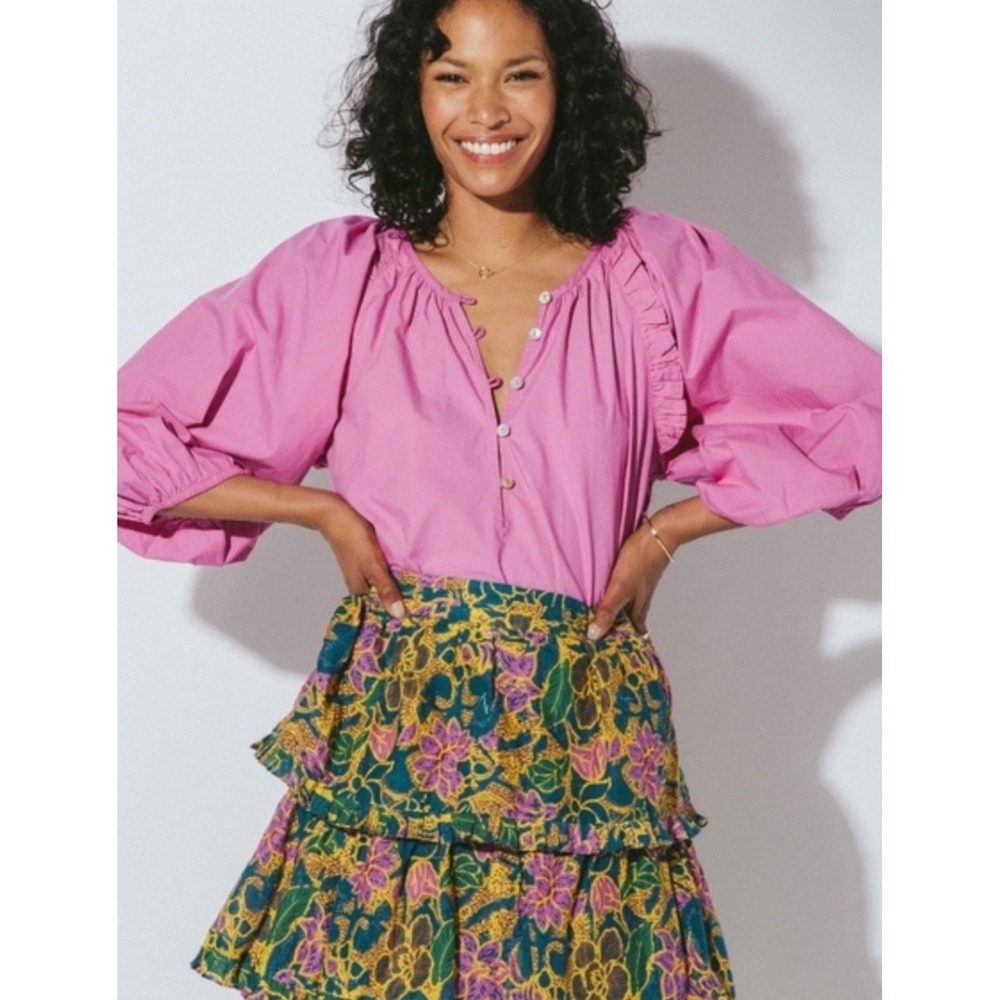 Cleobella Jess Puff Sleeve Blouse Large Fuchsia Pink Cotton Ruffle Henley Top